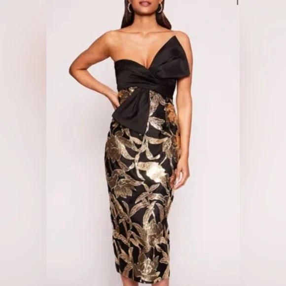 MARCHESA NOTTE***Black and Gold Lotus Strapless Bow Midi Dress****US 4 $795 - Picture 2 of 8